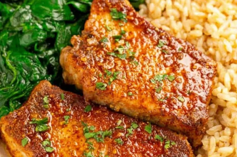 Juicy oven baked pork chops served with rice on a plate.