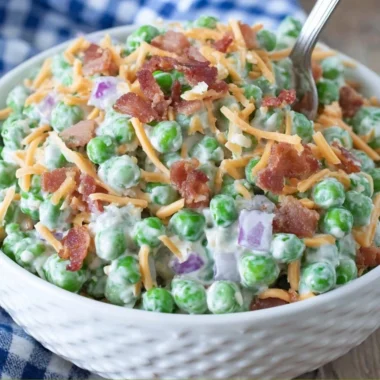 Old Fashioned Pea Salad with fresh peas, cheese, and a creamy dressing