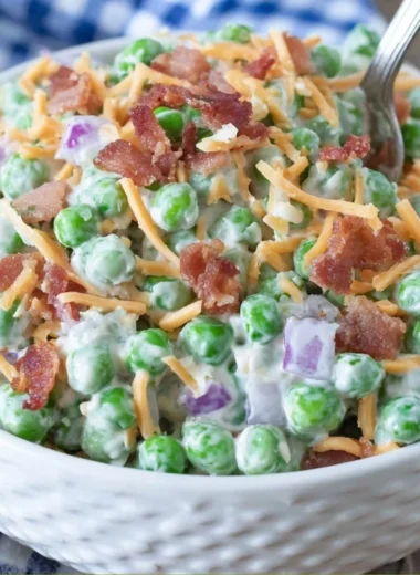 Old Fashioned Pea Salad with fresh peas, cheese, and a creamy dressing
