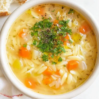 Delicious homemade orzo soup served in a bowl