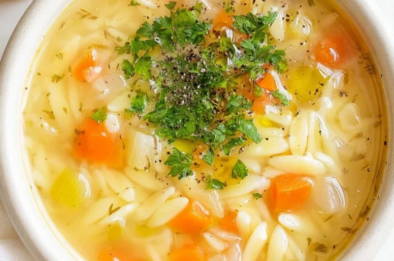Delicious homemade orzo soup served in a bowl