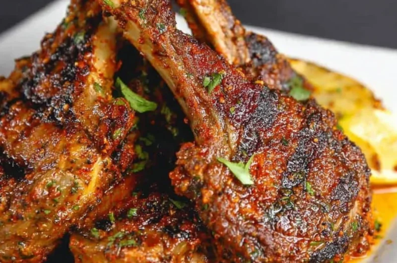 Oven-baked lamb chops with herbs and spices on a plate