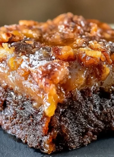 Delicious pecan pie brownies served on a plate with chocolate and nuts.