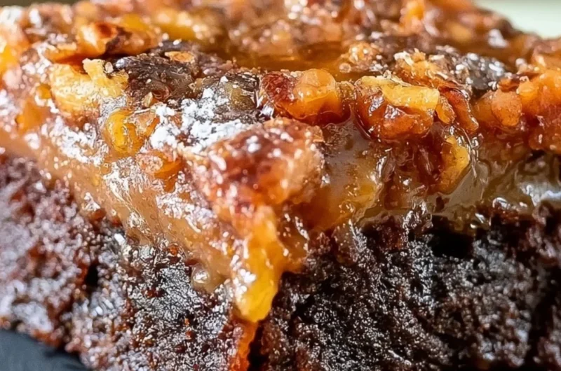 Delicious pecan pie brownies served on a plate with chocolate and nuts.