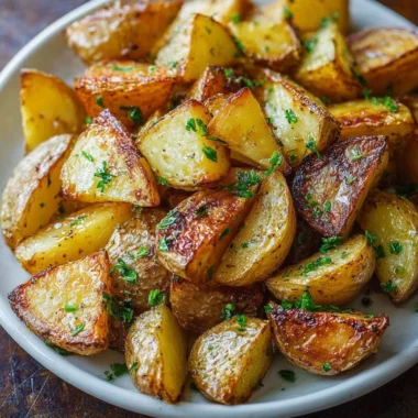 Bowl of perfectly roasted potatoes with crispy edges and herbs on top