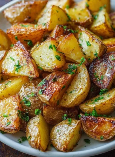 Bowl of perfectly roasted potatoes with crispy edges and herbs on top