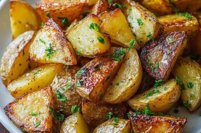 Bowl of perfectly roasted potatoes with crispy edges and herbs on top