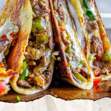 Philly Cheesesteak Quesadilla with melted cheese and beef filling