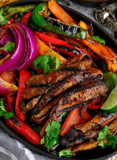 Colorful Portobello Vegan Fajitas served on a plate with peppers and onions