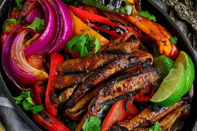 Colorful Portobello Vegan Fajitas served on a plate with peppers and onions