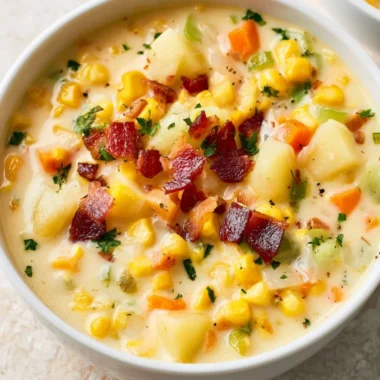 Bowl of creamy potato corn chowder garnished with herbs.