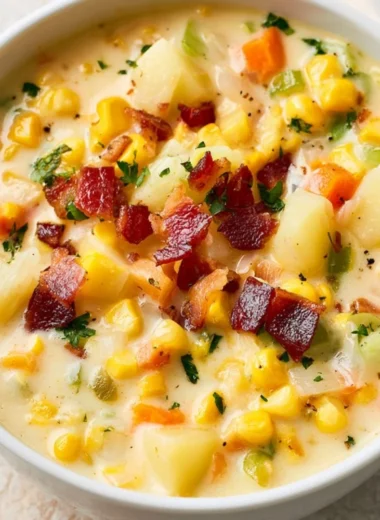 Bowl of creamy potato corn chowder garnished with herbs.