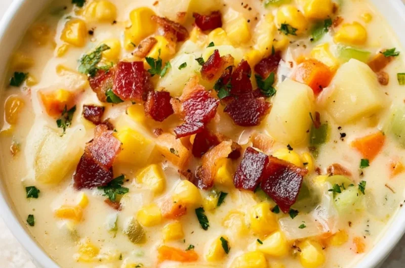 Bowl of creamy potato corn chowder garnished with herbs.