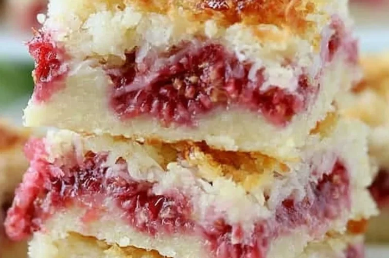Delicious homemade Raspberry Coconut Bars on a plate.