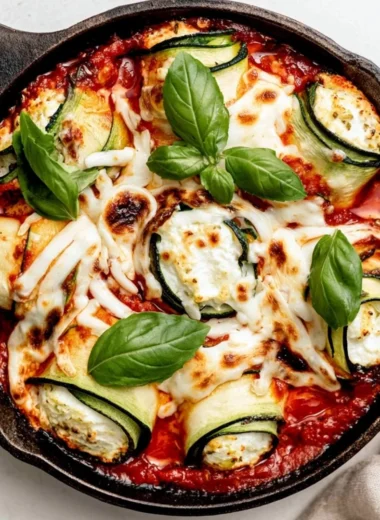 Ricotta stuffed zucchini rolls on a plate with fresh herbs