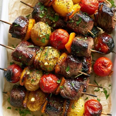 Rosemary garlic steak kebabs grilled to perfection with fresh herbs
