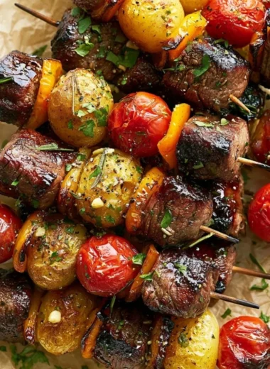 Rosemary garlic steak kebabs grilled to perfection with fresh herbs