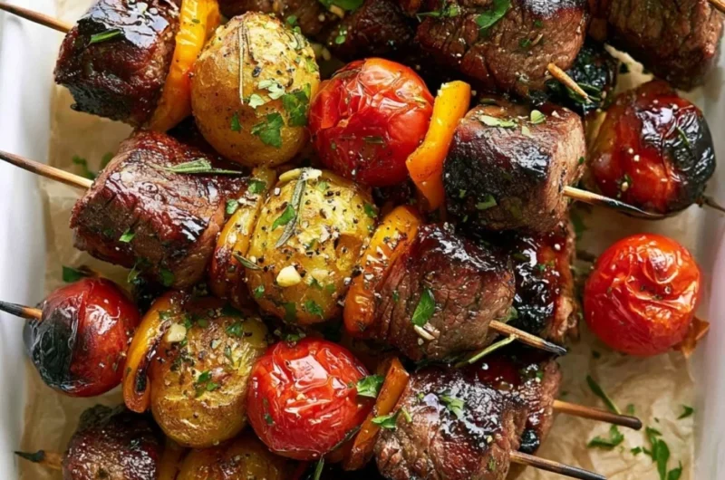 Rosemary garlic steak kebabs grilled to perfection with fresh herbs