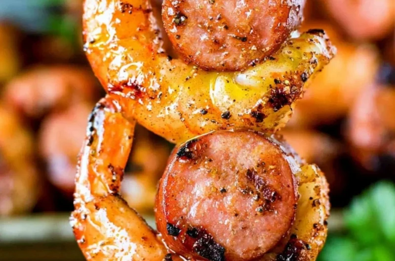 Grilled Sausage & Shrimp Kabobs on skewers served with vegetables