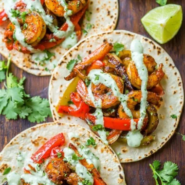 Delicious shrimp fajitas served with colorful peppers and onions