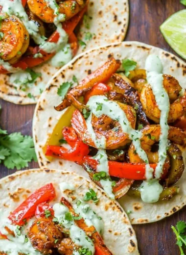 Delicious shrimp fajitas served with colorful peppers and onions