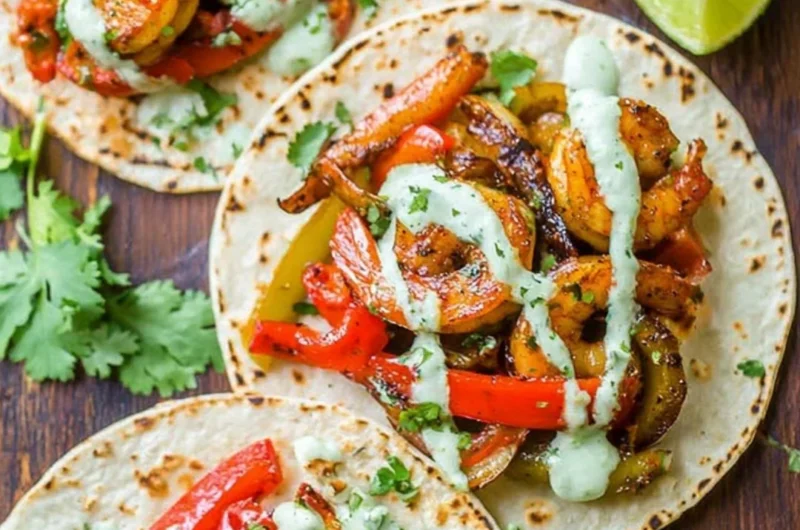 Delicious shrimp fajitas served with colorful peppers and onions