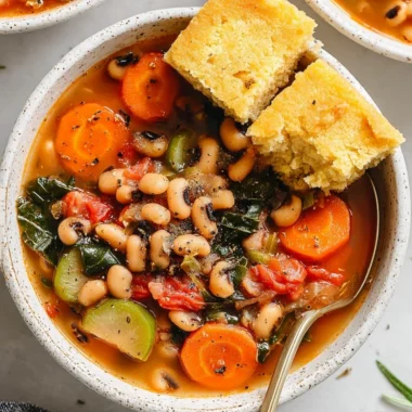 Bowl of smoky black eyed pea soup with fresh herbs and spices