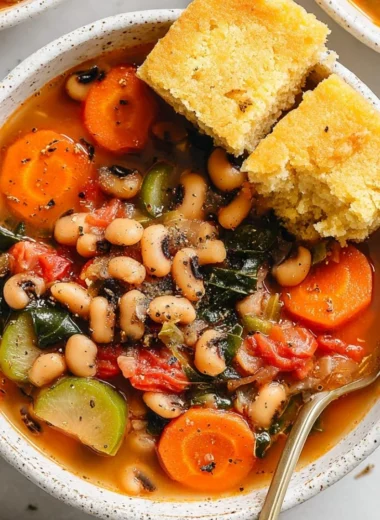 Bowl of smoky black eyed pea soup with fresh herbs and spices