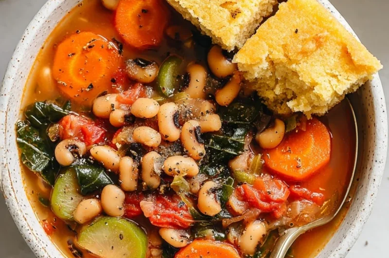Bowl of smoky black eyed pea soup with fresh herbs and spices