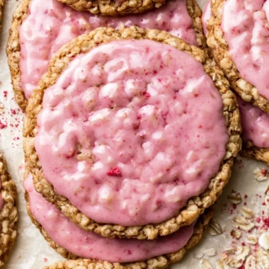 Strawberry iced oatmeal cookies with a fruity glaze on a baking tray