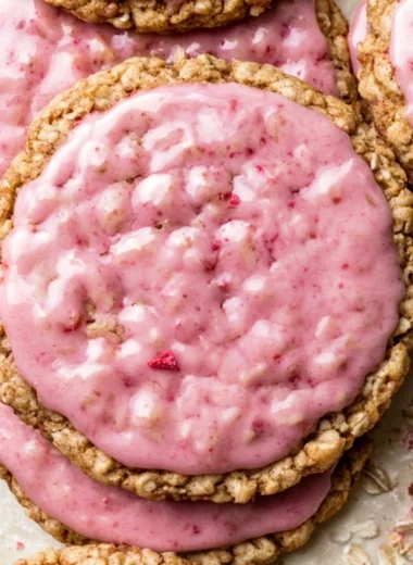 Strawberry iced oatmeal cookies with a fruity glaze on a baking tray