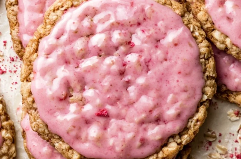 Strawberry iced oatmeal cookies with a fruity glaze on a baking tray