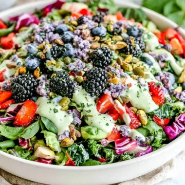 Superfood berry salad with creamy lemon herb dressing in a bowl