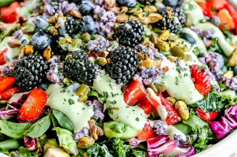 Superfood berry salad with creamy lemon herb dressing in a bowl