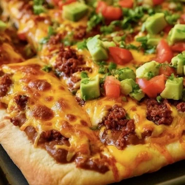 Delicious Taco Pizza topped with seasoned beef, cheddar cheese, and fresh toppings.