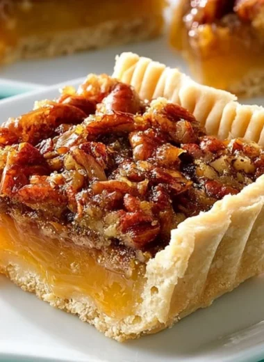 Delicious Texas pecan pie topped with crunchy pecans and brown syrup