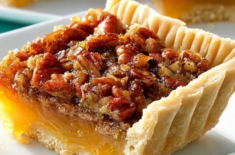 Delicious Texas pecan pie topped with crunchy pecans and brown syrup