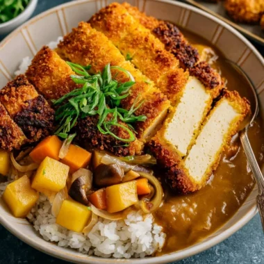 Crispy tofu cutlet served with garnishes and dipping sauce