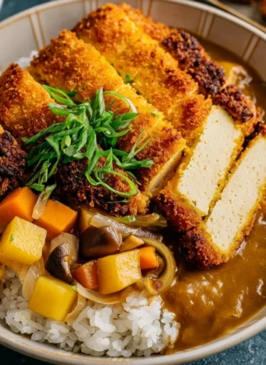 Crispy tofu cutlet served with garnishes and dipping sauce