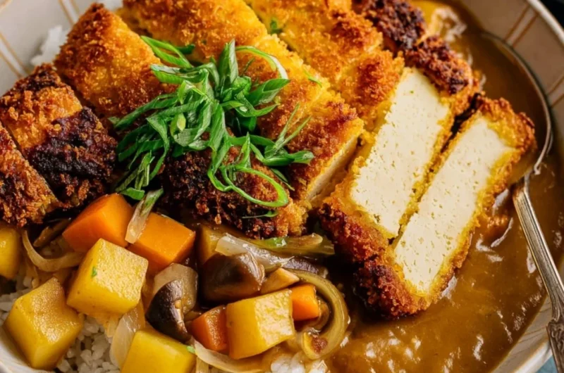 Crispy tofu cutlet served with garnishes and dipping sauce