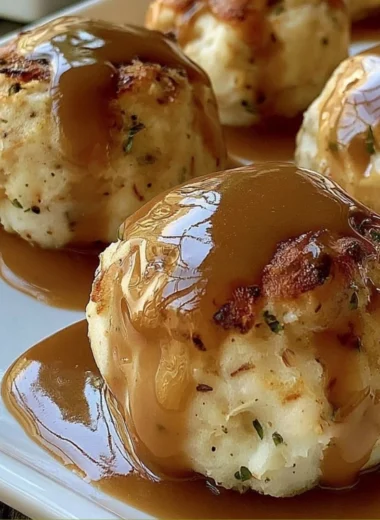 Savory Turkey Stuffing Balls served on a festive platter