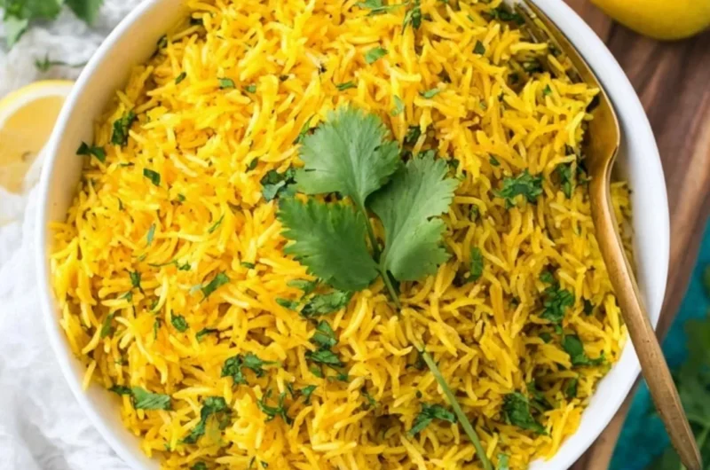 Bowl of vibrant turmeric rice garnished with herbs, showcasing its rich color and texture.