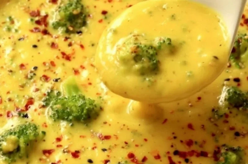 Bowl of vegan broccoli potato soup topped with fresh herbs and a drizzle of olive oil.