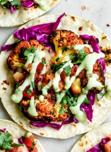 Vegan roasted cauliflower tacos topped with fresh ingredients in a taco shell
