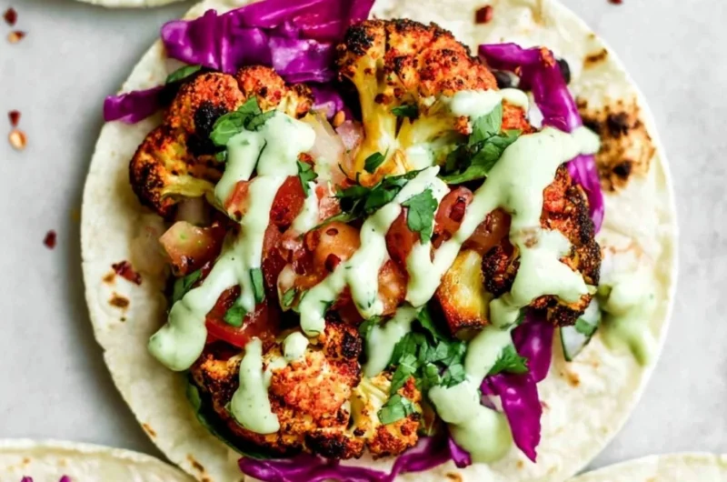 Vegan roasted cauliflower tacos topped with fresh ingredients in a taco shell