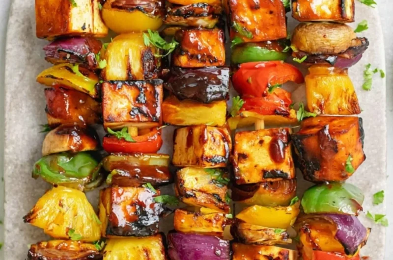 Colorful vegetarian kebabs with fresh vegetables and spices on skewers