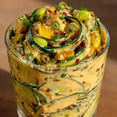 Viral creamy Asian cucumber salad on a plate with fresh ingredients