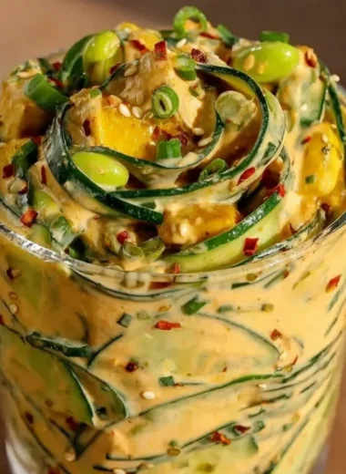 Viral creamy Asian cucumber salad on a plate with fresh ingredients