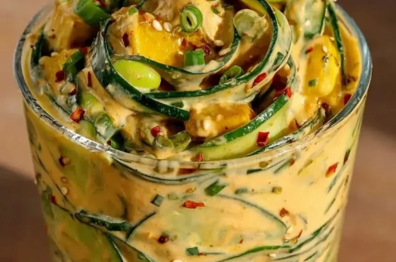 Viral creamy Asian cucumber salad on a plate with fresh ingredients