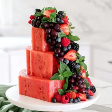 Refreshing Watermelon Cake topped with fruits and cream in a vibrant summer setting